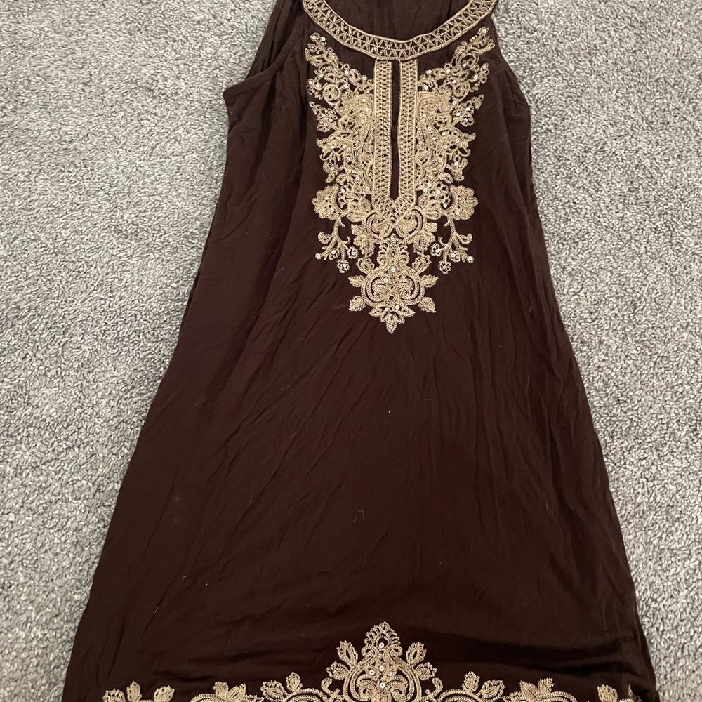Elegant Brown Midi Dress with Gold Embroidery